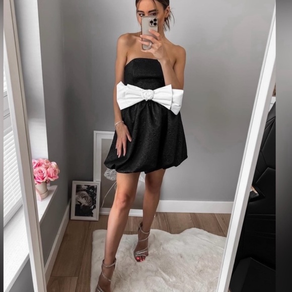 Zara Black Jacquard Dress With Contrast Bow Party Cocktail Night Out Mini - Picture 11 of 11